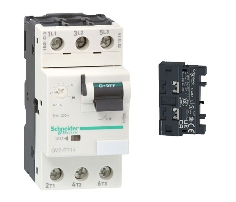 GV2RT14 Motor Schutzschalter 3-phasig 6-10A 1,5-7,5KW 230V-400VAC inkl Hilfsschalter GVAE1 GV2RT14 Motor Schutzschalter 3-phasig 6-10A 1,5-7,5KW 230V-400VAC inkl Hilfsschalter GVAE1
