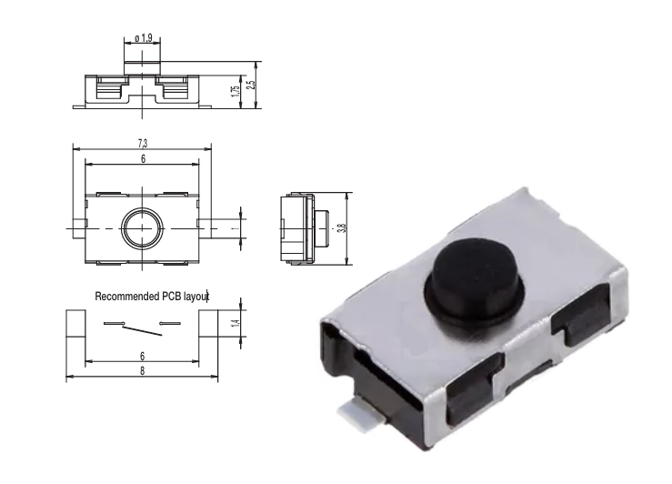 SMD Taster Minitaster liegend 6,0x3,8mm Höhe 2,5mm Platinentaster oft verwendet