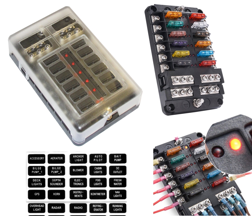 Sicherungshalter 12-fach für KFZ ATC Sicherungen mit Status-LED Aufkleber und 12 ATC Sicherungen